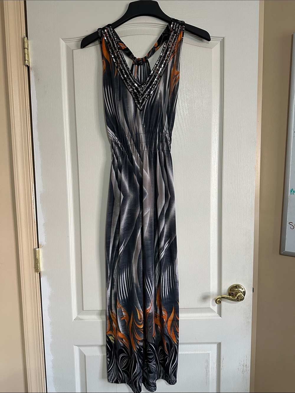 Sleeveless Black & Orange Maxi Dress with Beaded V-Neck